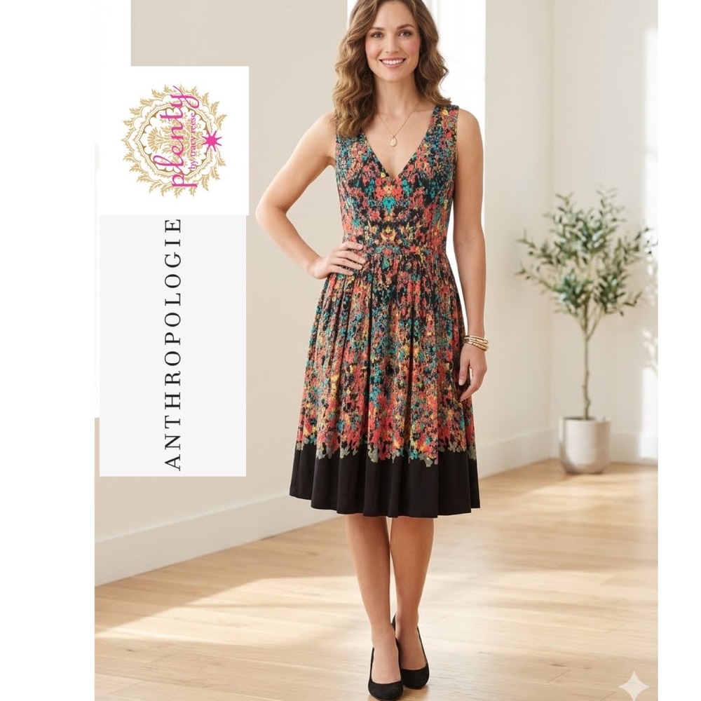 Plenty by Tracy Reese Anthropologie Floral V-Neck Fit Flare Dress Black Multi 10